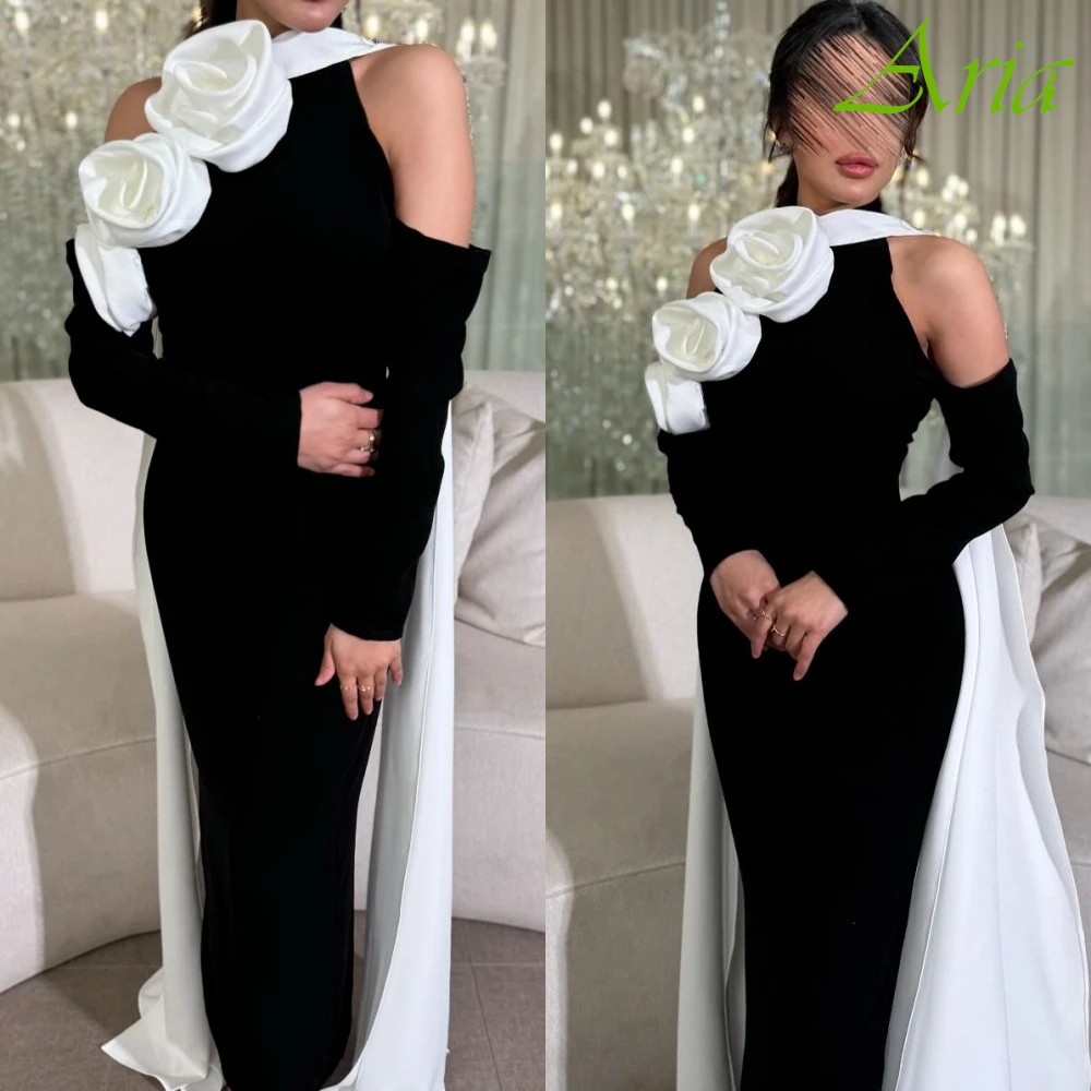 

Customized Simple Halter Detachable Sleeve 3/4 Sleeves Evening Dress Modern Jersey Prom Dresses Soft Contrast Color Party Gowns
