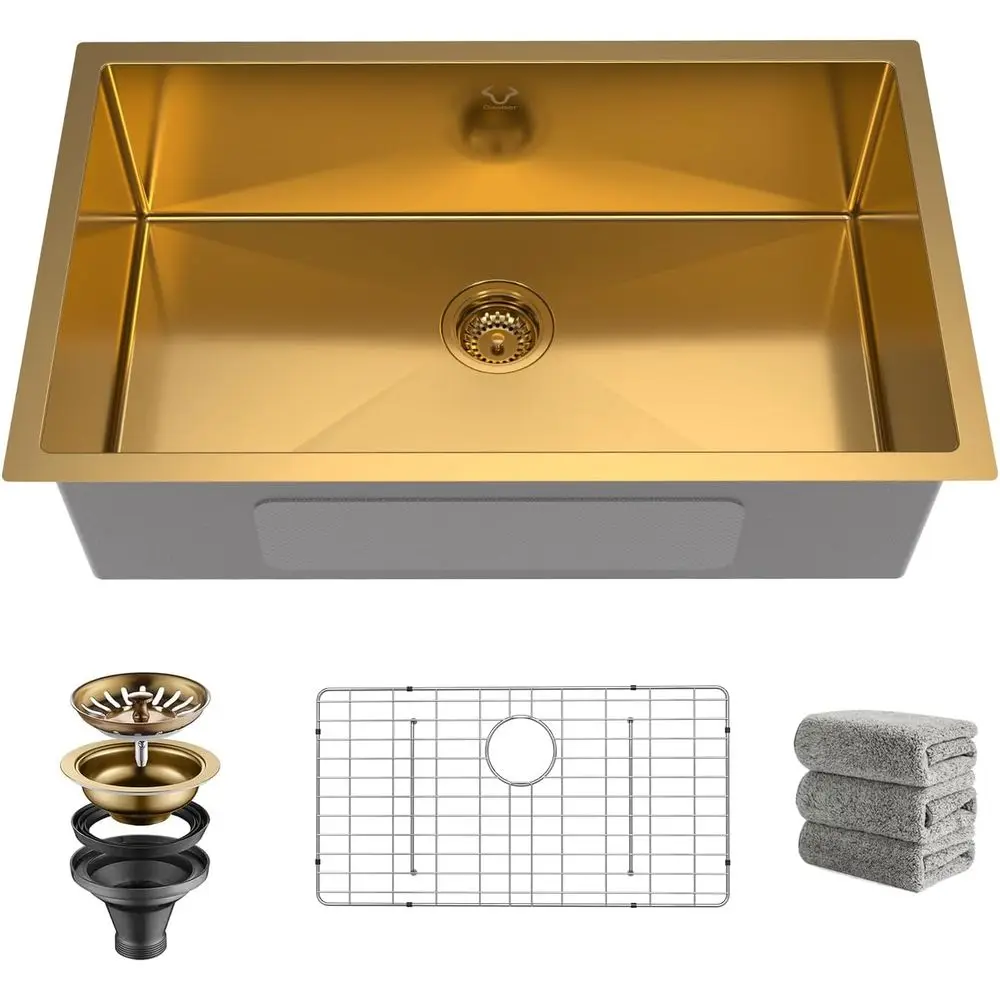 

Золотая кухонная мойка 30x18 дюймов, кухонная мойка под креплением, 16 калибра, одинарная чаша из нержавеющей стали с аксессуарами, круглые углы, ручная работа