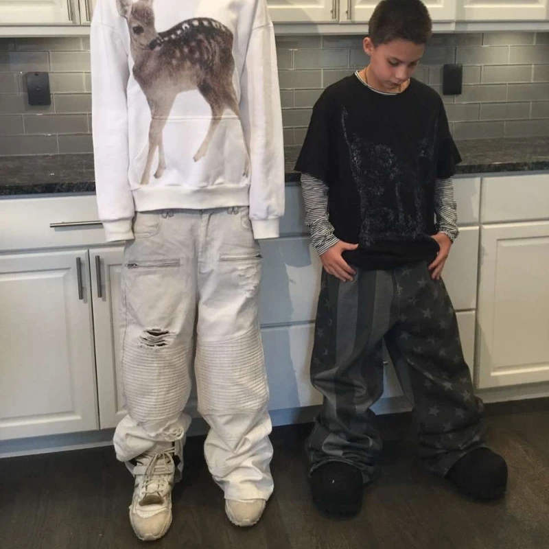 Y2K Retro Biker Denim Pantaloni Tasca con cerniera Fori in difficoltà Jeans increspati New Trendy High Street Streetwear Pantaloni larghi unisex