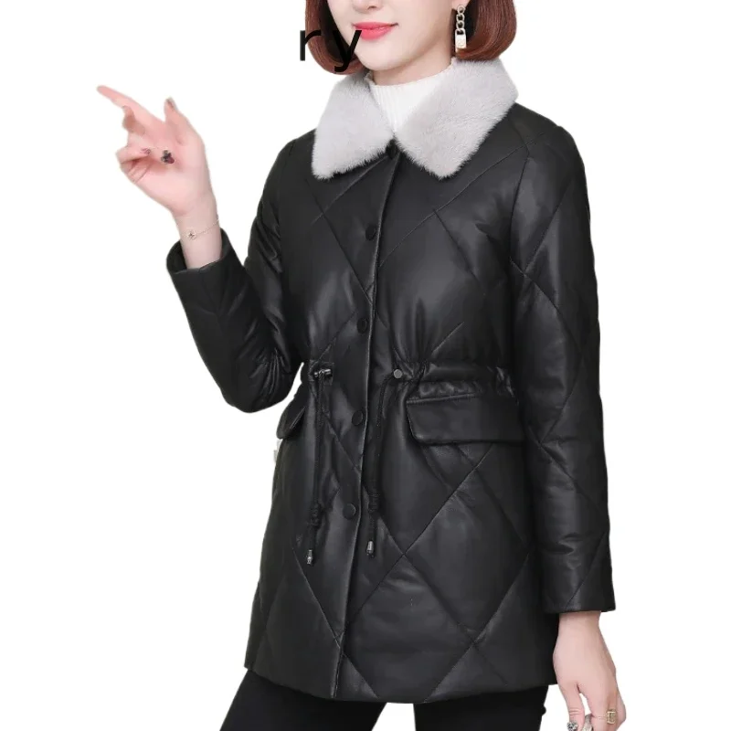 

Женский пуховик из натуральной овчины, зима 2024, осень-зима, тонкие пуховики средней длины, кожаные куртки с норковым воротником