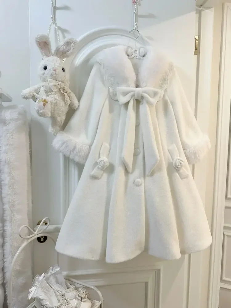 

2025 Winter Women's Design Bow Hairy Collar Hairy Cute Coat Fashionable Sweet Medium Length White Coat