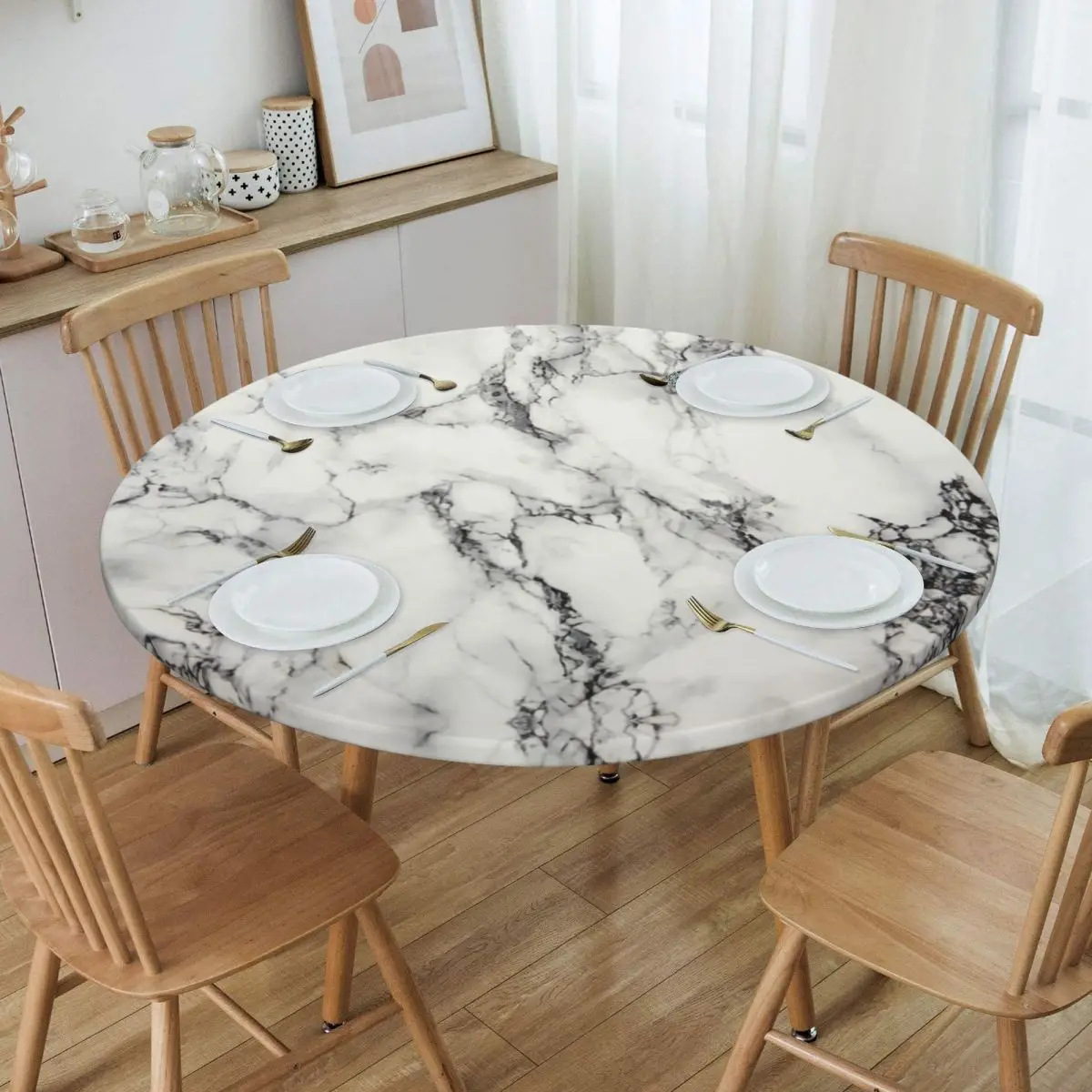 

Round Oilproof White Marble Texture Table Cover Fitted Abstract Art Table Cloth Backing Edge Tablecloth for Dining