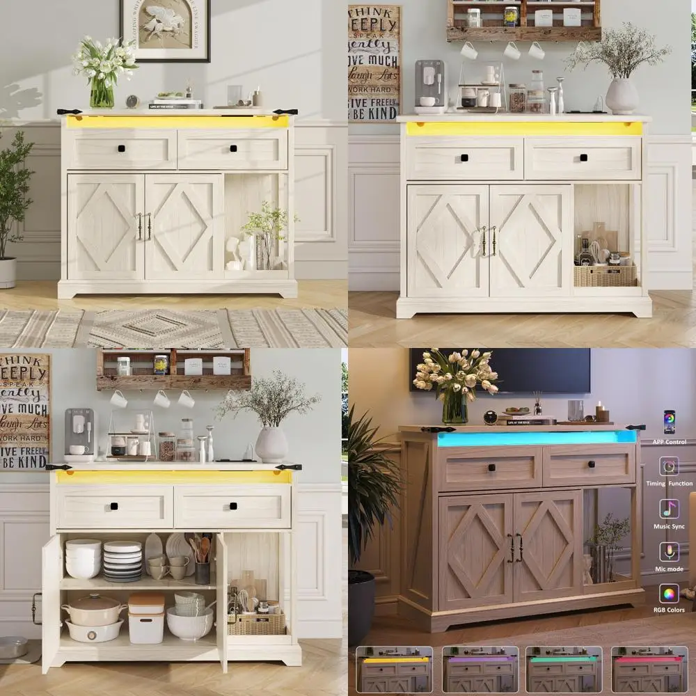 

rustic sideboard buffet with storage, credenza cabinet, lighting, and charging port
