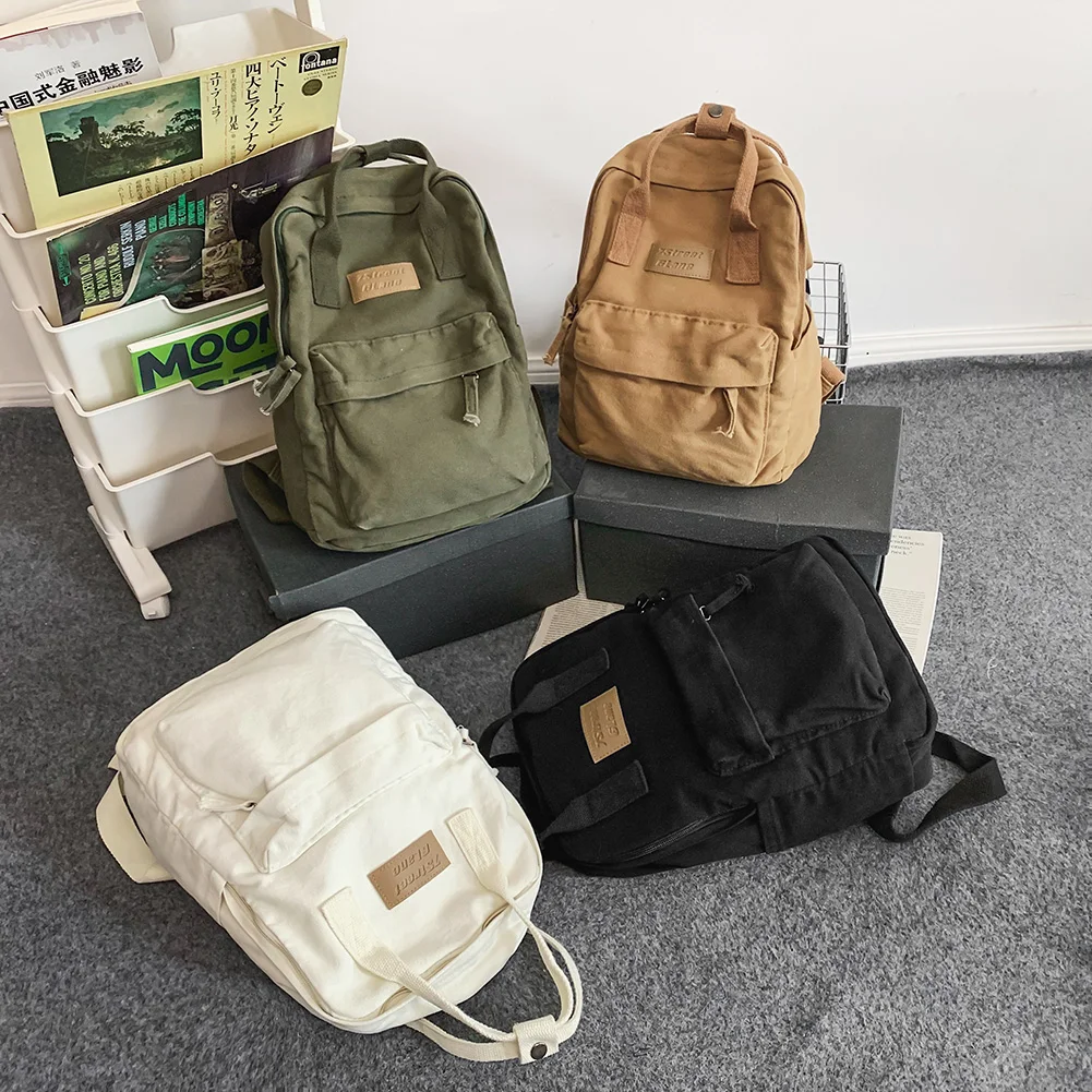 Casual College Students Backpack Cotton Canvas Traveling Commuting Backpacks Large Capacity Solid Color Leisure Handbag