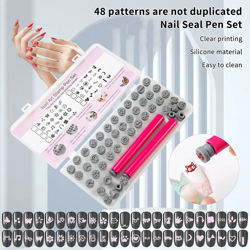 

36/48PCS Skin-Safe Silicone-Head Nail Stamp Pen Set - Patterned Dotting/Stamping Tools Durable Easy-Use Reusable DIY Manicure