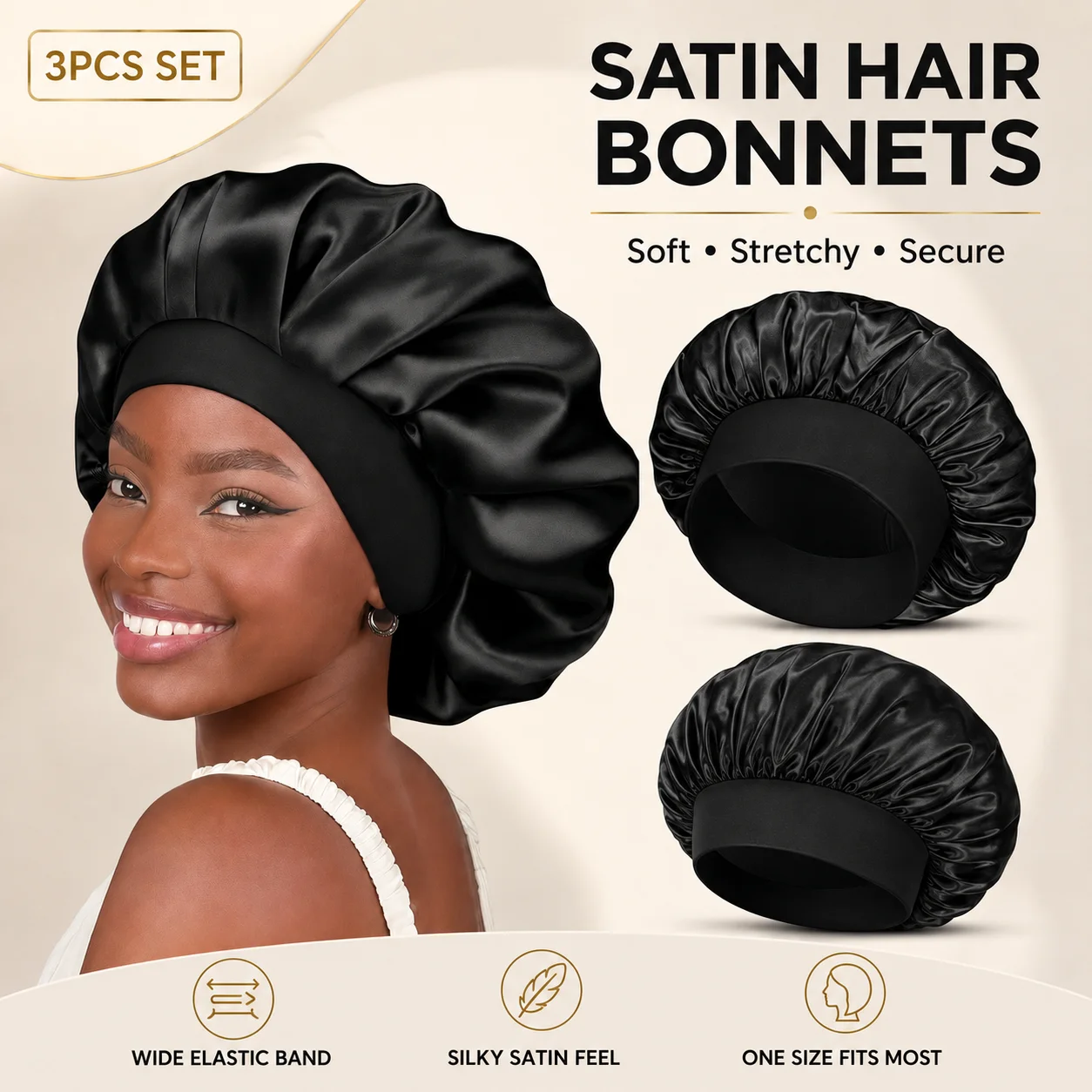 3-piece satin nightcap set - large, soft, and secure fit curly hair support cap, shower and cleaning cap with loose strap, suitable for sleep and long hair care