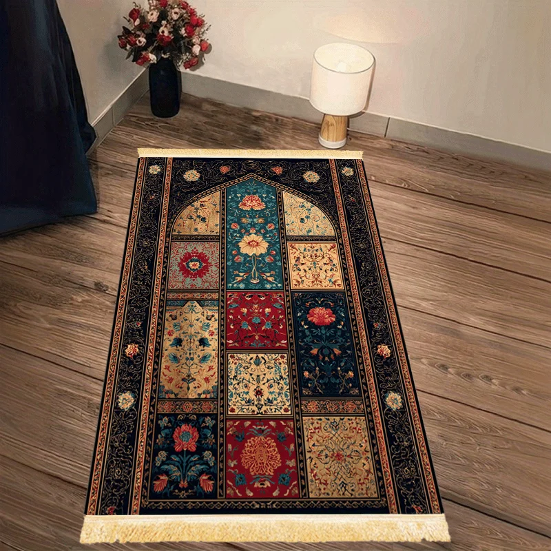 VIKAMA Islamic Prayer Mat With Tassels Portable Foldable Family Prayer Mat Suitable For Indoor And Outdoor Pilgrimage Activities