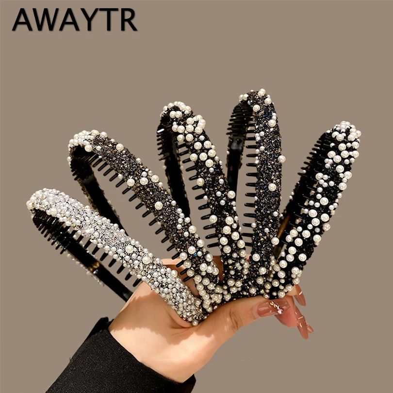 AWAYTR-Hairband antiderrapante pérola e strass para mulheres, bandana com dentes, aro, acessórios de cabelo fashion