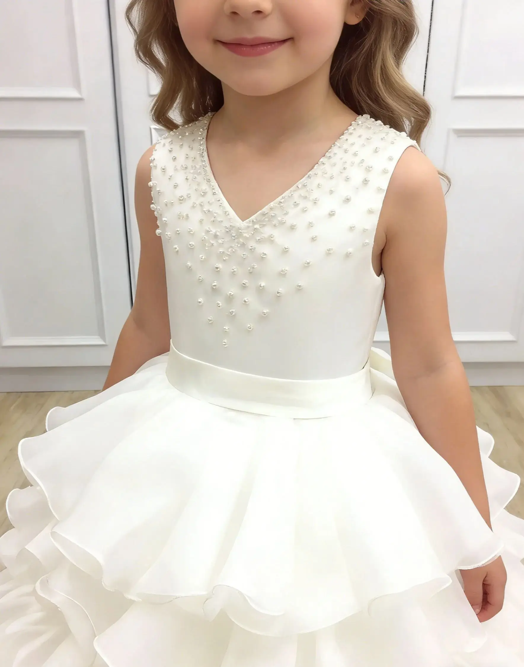 

Elegant V-neck Flower Girl Dresses for Wedding Pearls Bow Tulle Tiered Sleeveless Kids Party First Communion Gowns Custom