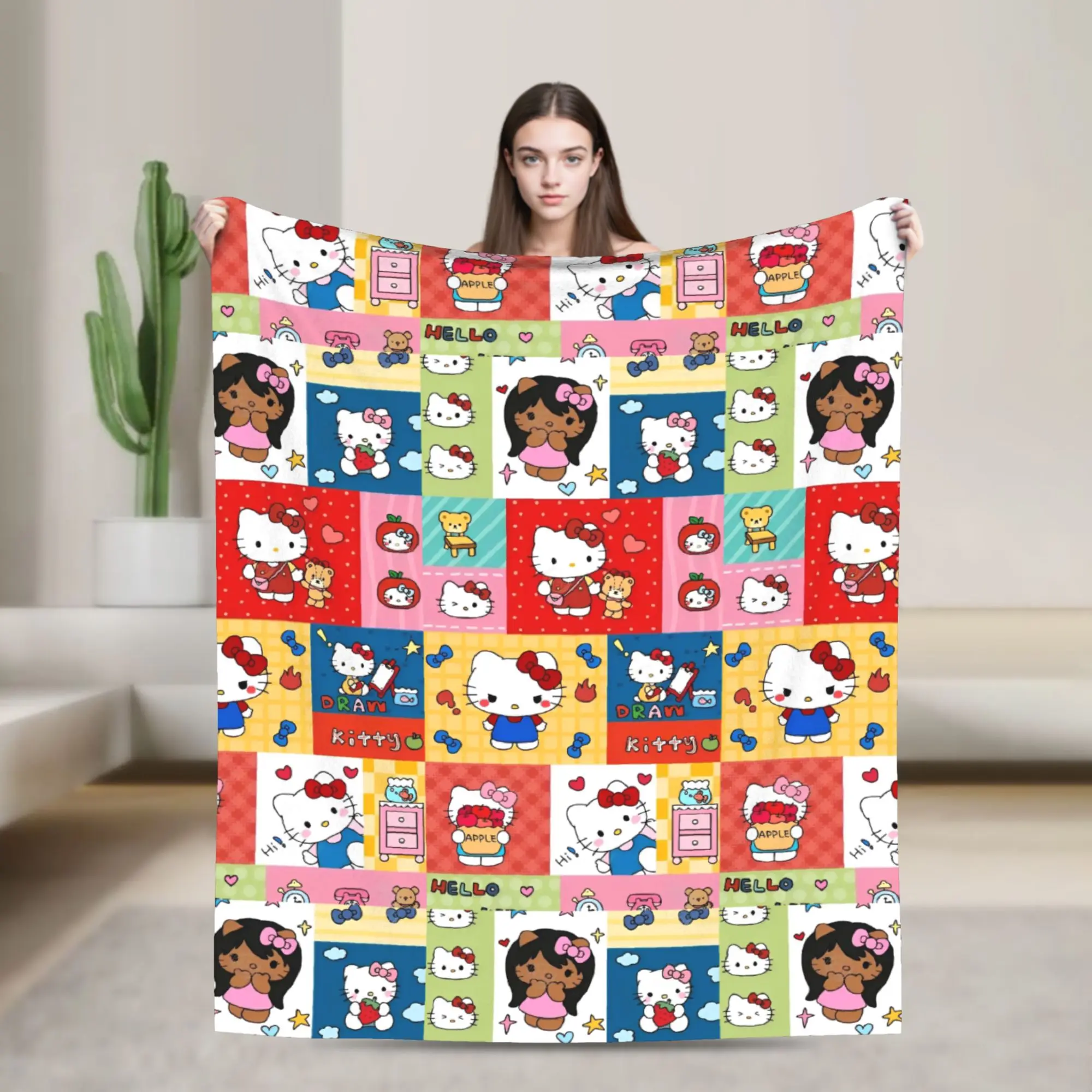

Одеяла с героями мультфильмов «Hello Kitty», кавайные фланелевые украшения, дышащее супер мягкое одеяло для дивана, спальни, плюшевое тонкое одеяло