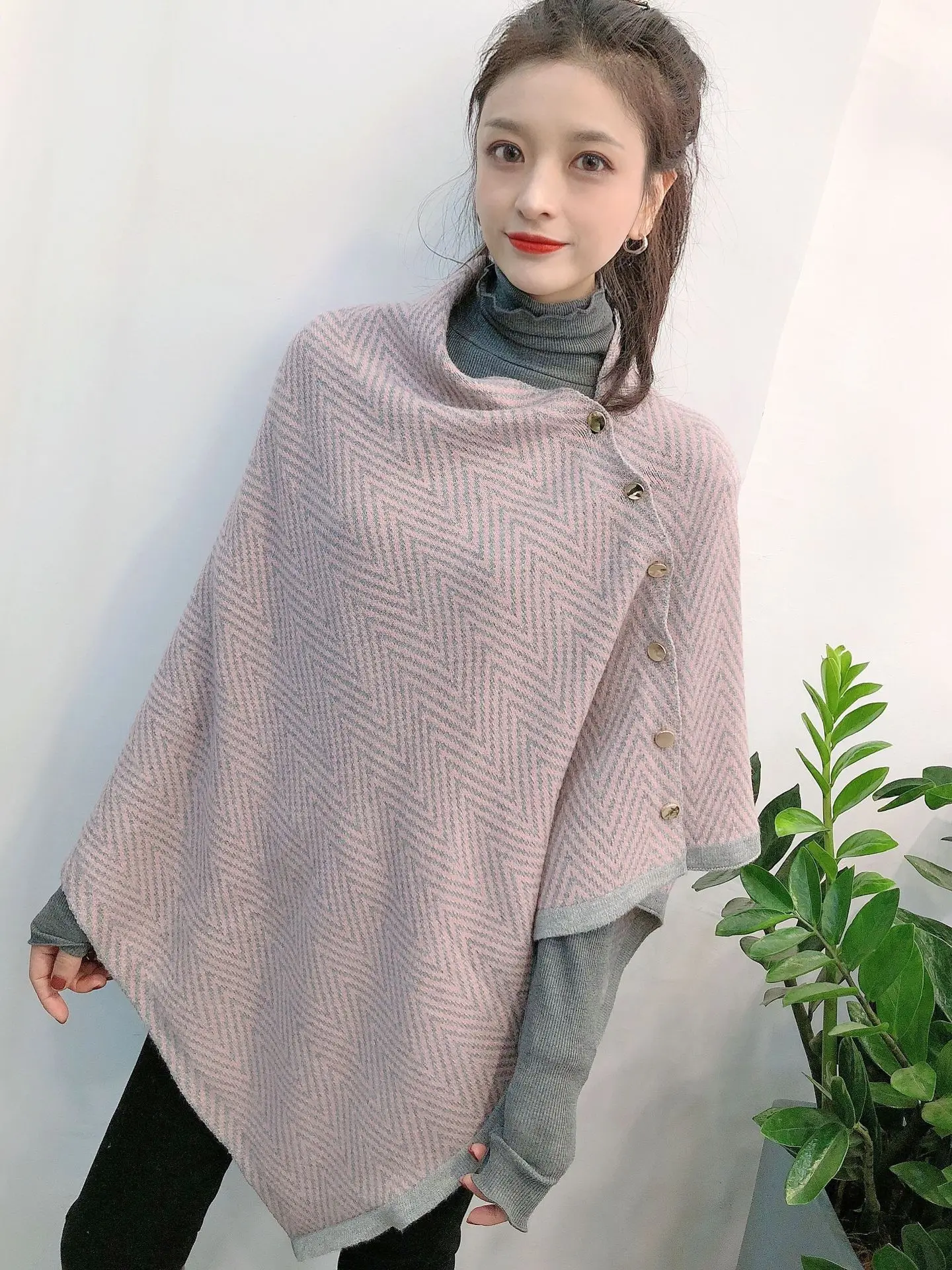 New button corrugated scarf shawl dual-purpose autumn and winter thickened warm imitation cashmere women's scarf  Pink