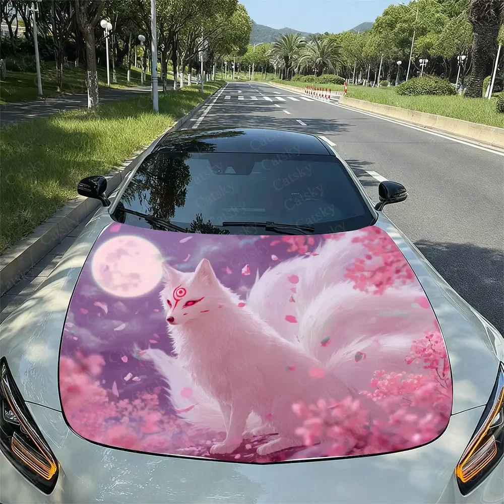 Mysterious Symbol White Fox Car Hood Vinyl Sticker Wrap - Fit Hood/Engine Cover Decal, Durable Paper-like Protective Film, Motor
