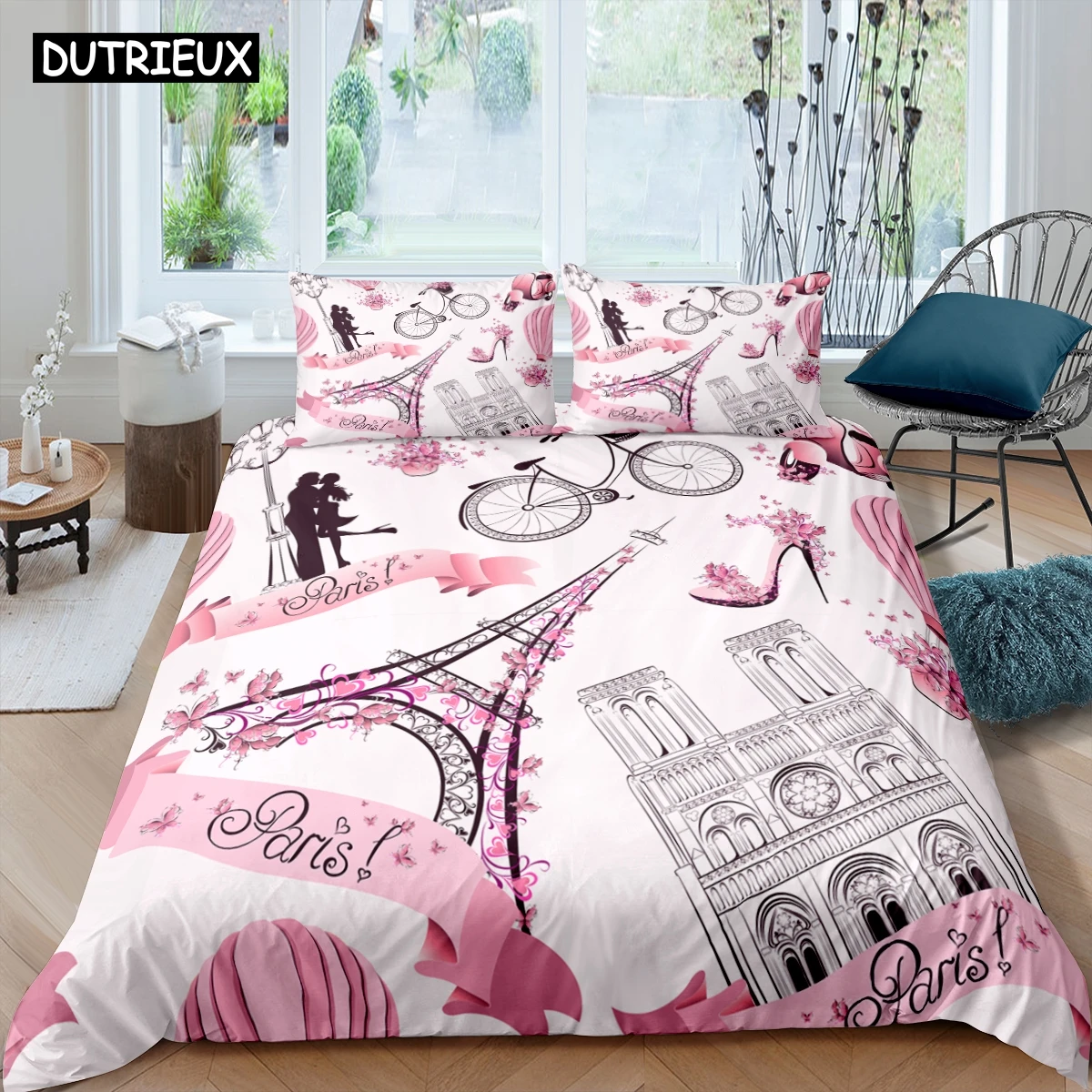 

Pink Eiffel Tower Bedding Set Paris Fashoin 3D Print Comforter Luxury Queen King Single Size Duvet Cover Set Home Textile Decor