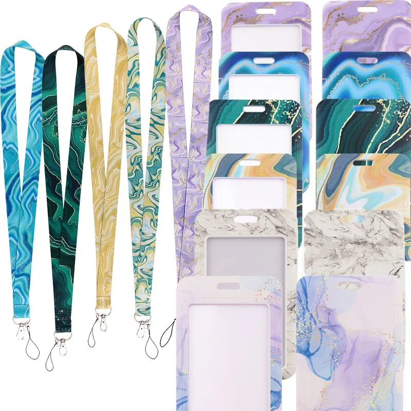Natural Marble Pattern Card Holder with Neck Strap Lanyard  Multi-functional ID Badge Holder for Student Campus Card Work Access