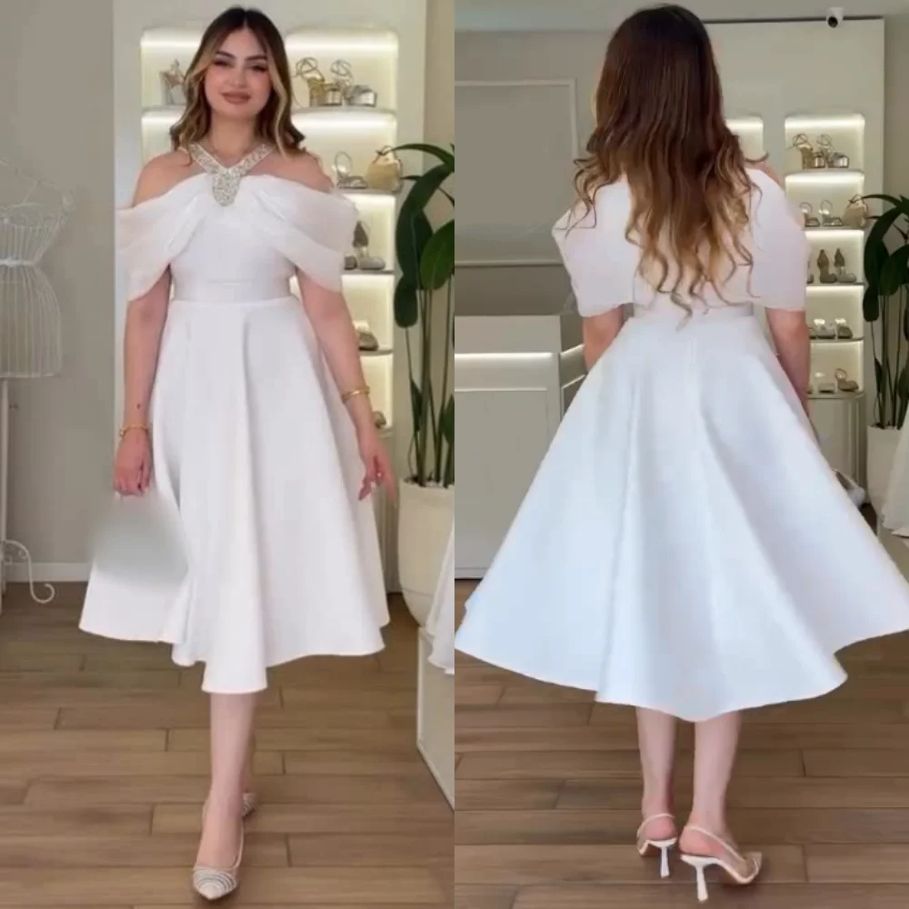 

Customized Modern Style Jersey Sequined Pleat A-line Off-the-shoulder Midi Dresses Bespoke Occasion Simple