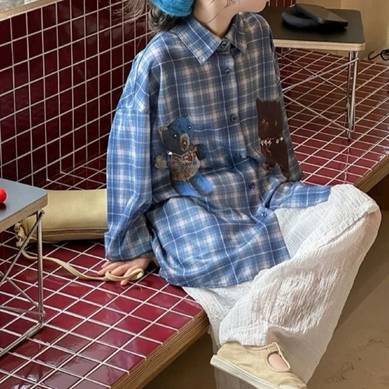 

2025 Spring and Autumn New Ice Feel Cotton Animal Cartoon Pattern Long Sleeve Checkered Shirt for Girls
