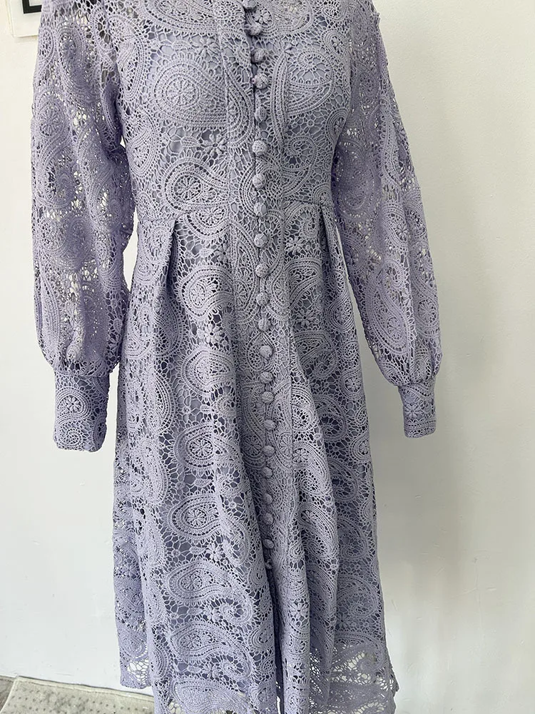 LGRQ-Robe en Dentelle Ajourée à Manches sulfpour Femme, Vêtement à Simple Boutonnage, Ceinture, Taille Basse, Nouvelle Collection Automne, 19ZZ877