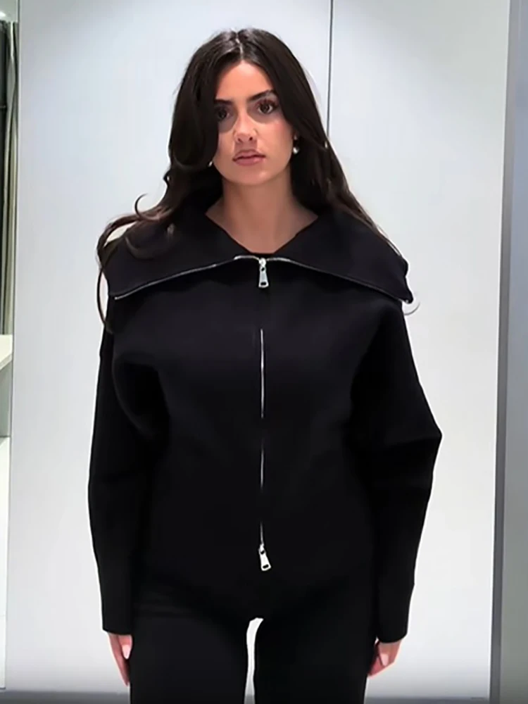 Elegant Big Lapel Collar Double Zip Jacket Lady Chic Cinched Waist Full Sleeve Solid Cardigan 2026 Fall Daily Street Office Wear