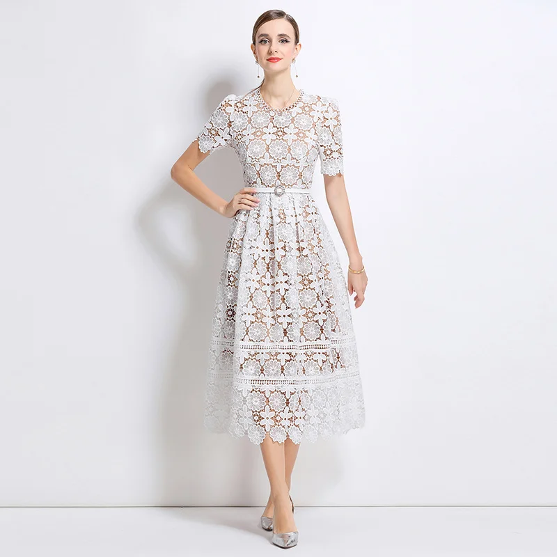 Vestido Retro francés de encaje Soluble en agua, elegante vestido elegante para mujer, vestido de manga corta con cuello redondo, vestidos informales versátiles para oficina