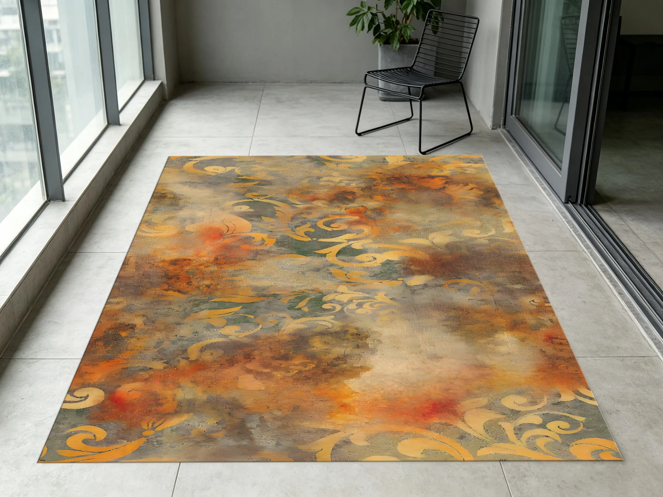 A Warm Brown Scrollwork European Oil Painting Style Velvet Rug, Suitable for Christmas and New Year, Perfect for Living Rooms, Bedrooms, and Entryways, Creating a Retro, Sophisticated, and Light Luxury Home Atmosphere