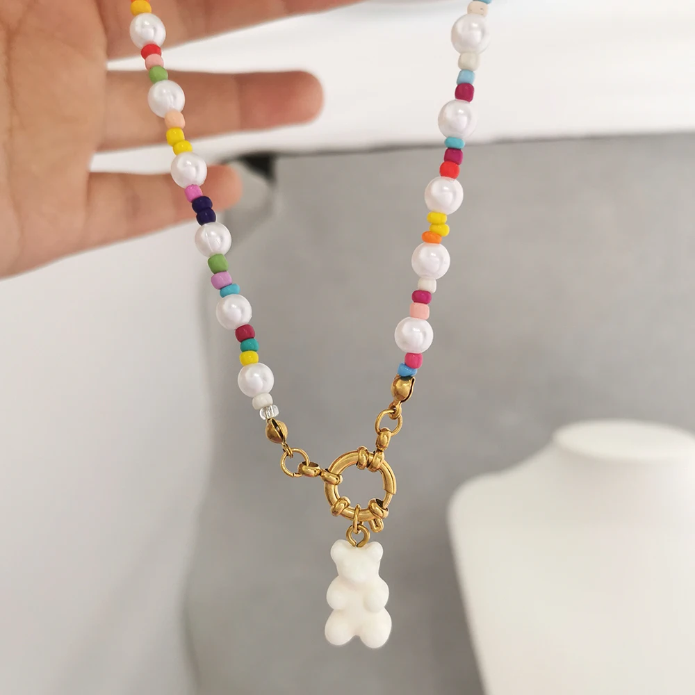 Damen-Halskette Boho Candy Bear Charm Perlen Regenbogen-Choker Imitationsperlen Edelstahl Federverschluss DIY Großhandel Perlen – Detail 5