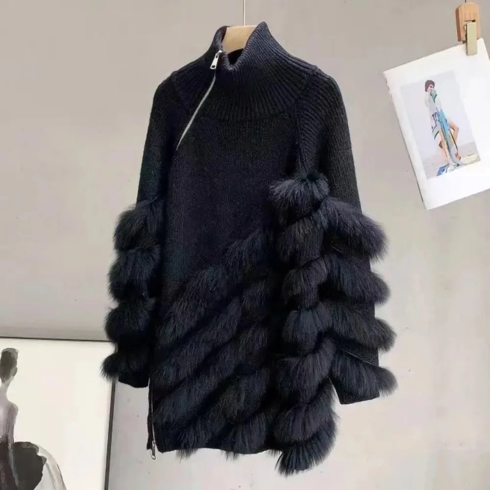 2024 Sweater Real Fox Fur Lady Fashion Knitted Cardigan Women High Collar Solid Color Pullover Sweater Women Wool Winter Warm