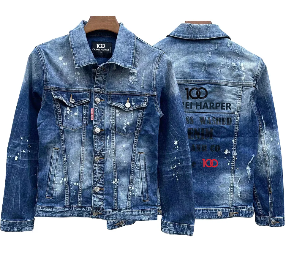 100 CHAREI HARPER  Denim jacket men's high quality wash white top Youth hipster men ripped patch denim jacket