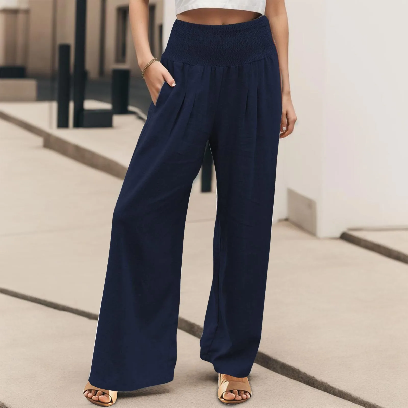 Spring Summer for Women 2024 New Women Pants Office Lady Cotton Linen Pockets Solid Loose CasualWide Leg Long Trousers