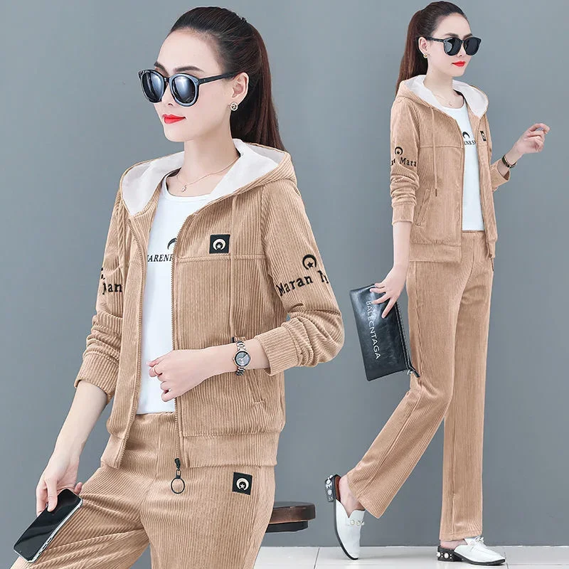 Women's Casual Golden Velvet Sports Suit Plus Size Clothing Spring Autumn New Fashion Hooded Zipper Jacket Pants 2 Two Piece Set
