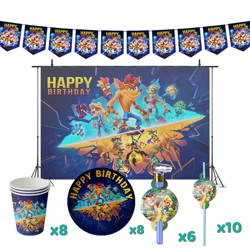 

Crash Bandicoot Birthday Party Decorations Game Theme Supplys Banner Cups Plates