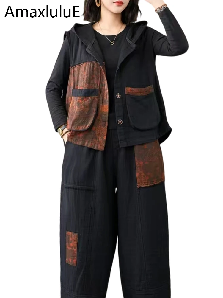 Amax lulue feminino com capuz denim 2 peças define moda colete ternos punk sem mangas casacos calças soltas jeans clássicos roupas impressas