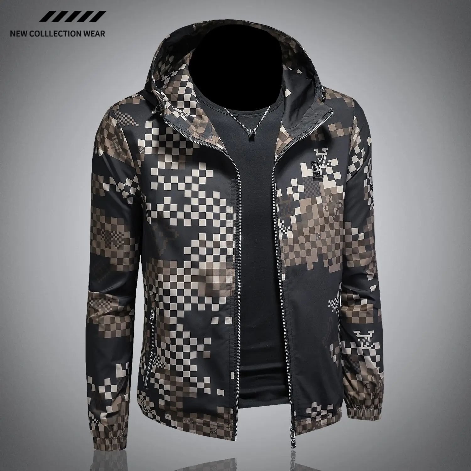 العلامة التجارية العصرية الرجال معطف جديد الرجال روفيان وسيم الراقية منقوشة الطباعة سليم المناسب مقنعين سترة غير رسمية الربيع والخريف