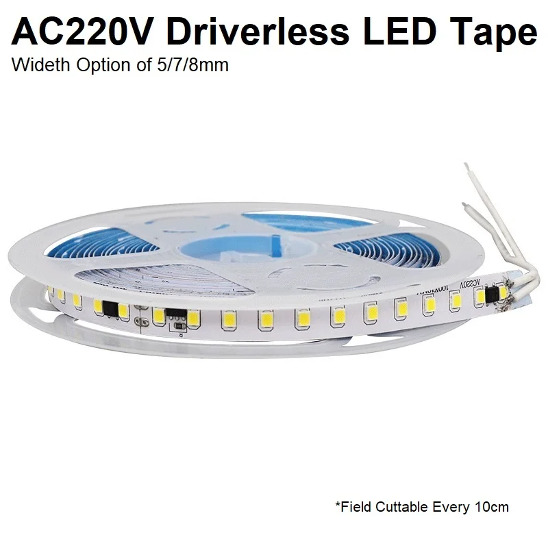 5/7/8mm AC220V Driverless LED Tape, 10m/spool, Direct Connect Main Voltage