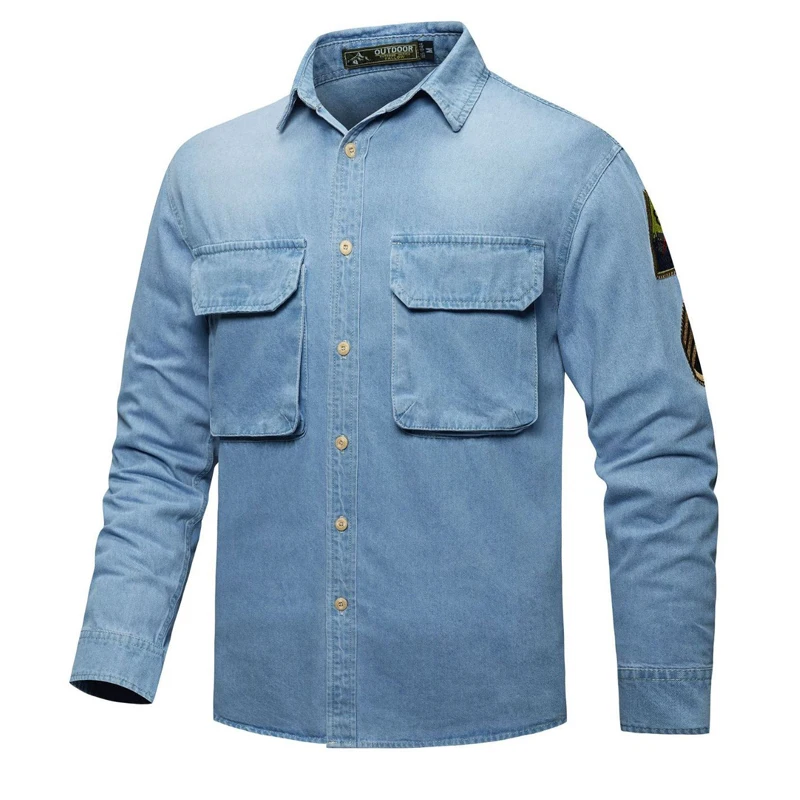 Spring Autumn Men's Cotton Denim Shirts Outdoor Men Retro Multil Pockets Workwear Jean Jacket Men Vintage Washed Denim Coats