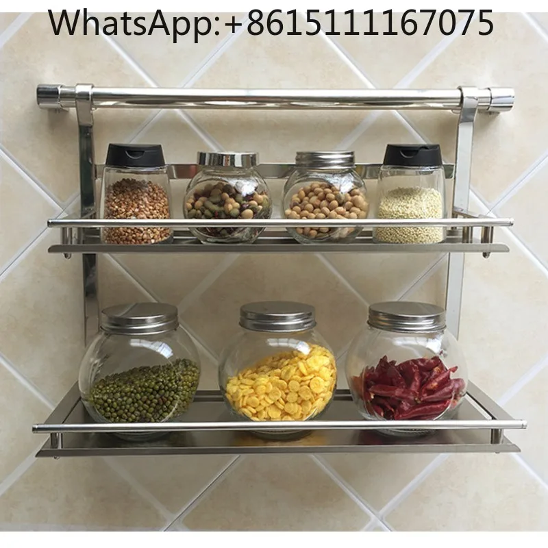 304 Stainless Steel Wall Mounted Kitchen Spice Rack, Double Tier Condiment Jar Storage Organizer, Kitchen Wall Hanging Holder