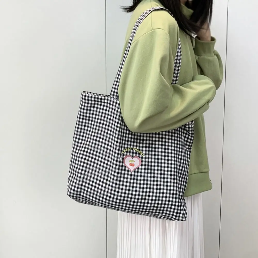 

Fashion Plaid Canvas Handbag Love Cherry Printed Large Capacity Women's Plaid Shoulder Bag Inner Bag Foldable