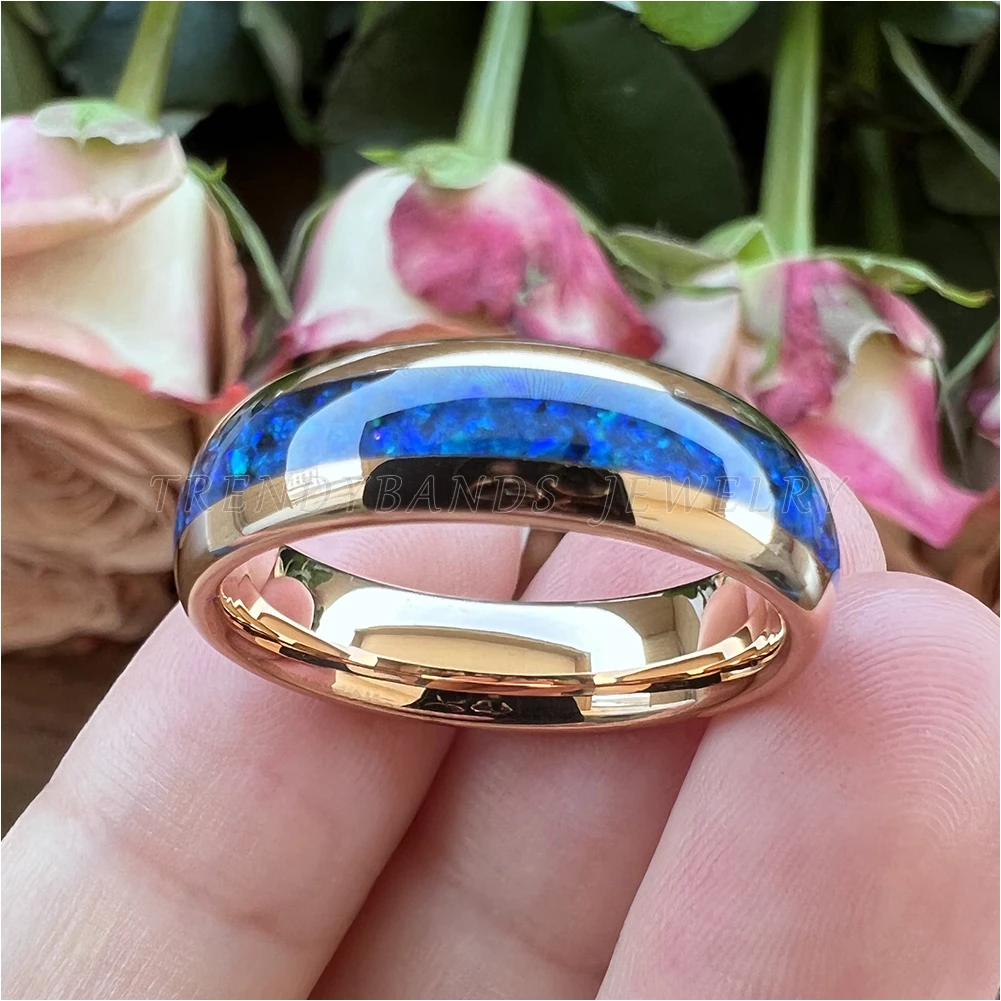 6 mm 8 mm Ringe für Männer und Frauen, Wolfram-Ehering, Modeschmuck, blaue Opal-Inlay, gewölbt, poliert, glänzend, bequeme Passform – Detail 16