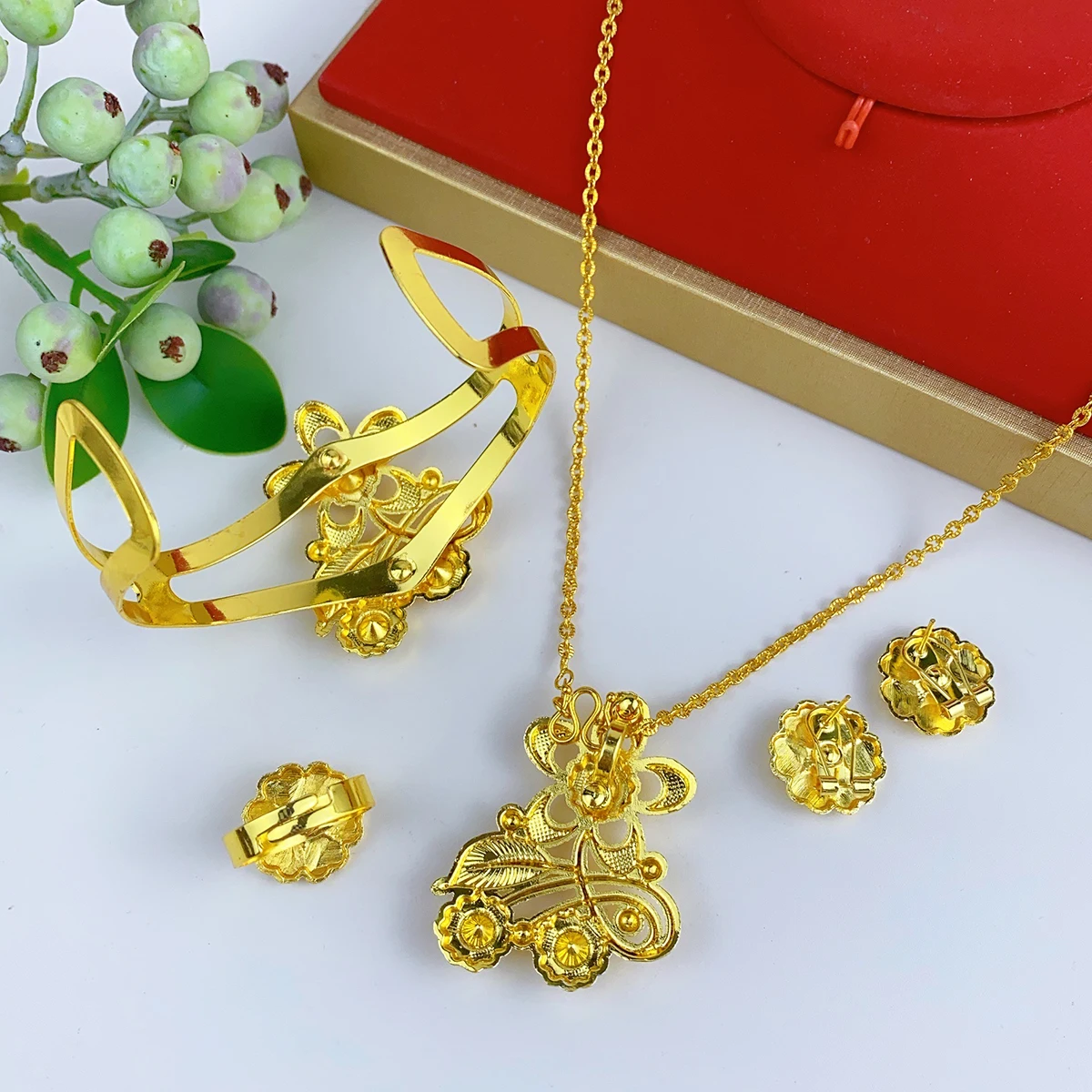 Ethiopian Crystal Colorful Heart Shape 18k Gold Plated Pendant Jewelry Sets For Women Dubai Jewellery Wedding Party Gifts