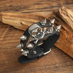 2024 Trend Jewelry Handmade Weave Genuine Leather Skull Bracelet Men Vintage Cuff Wide Leather Rivet Bracelet Pulsera Hombre