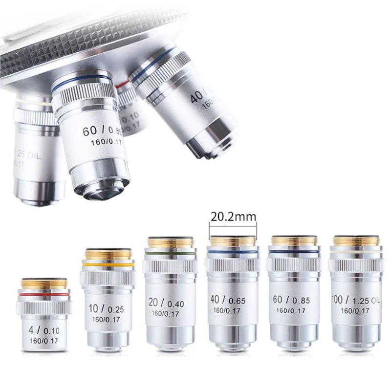 High Quality Microscope Objective 4X 10X 20X 40X 60X 100X Biological Microscope Objectives Lens Achromatic lens Accessories