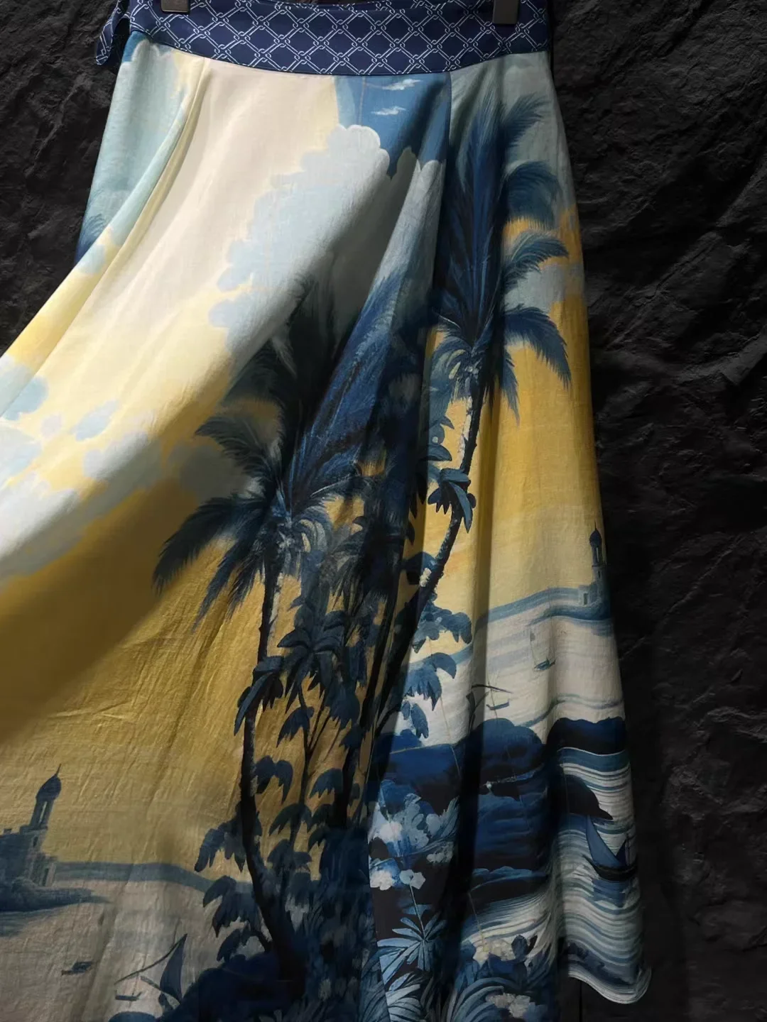 Długa spódnica damska w stylu retro z nadrukiem, z zakładaną talią, luźna, w kształcie litery A, modna spódnica