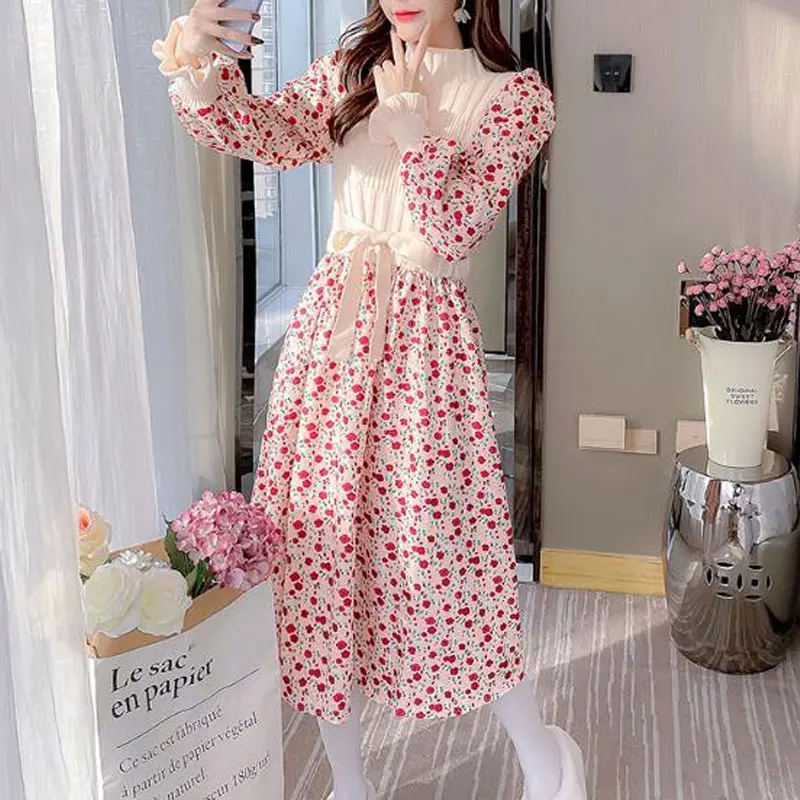 

Prairie Chic Broken Flowers Printed Dresses Women's Clothing Casual Drawstring Bow Autumn Winter Half High Collar Midi Dress New