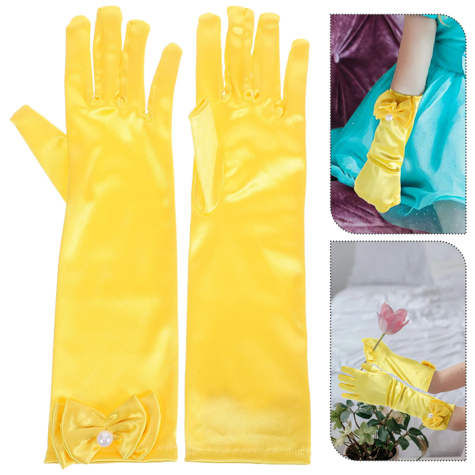 1Pair Flower Girl Gloves Long Satin Bowknot Dress Gloves One Size for Wedding Party Prom Evening Formal Events