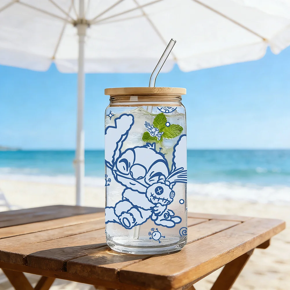 1pc 16oz Stitch Glass Tumbler with Bamboo Lid & Straw, Cute Cartoon Borosilicate Glass Cup for Iced Coffee Juice Home Office view 3