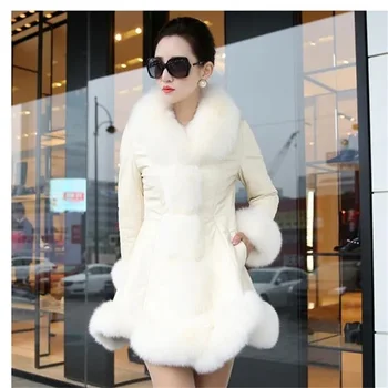 Image Size 6XL Women's Clothing Autumn Winter Imitation Fox Fur Big Fur Collar Thick Warm Female's Leather Jacket Slim Fur Coat