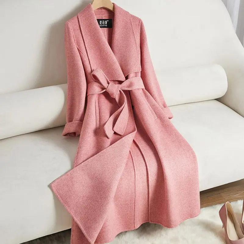 Reversible Cashmere Coat for Women, Long Overcoat, Below the Knee, Lapel, Temperament Wool, Korean Style, Slim Fit, Woolen Outwe