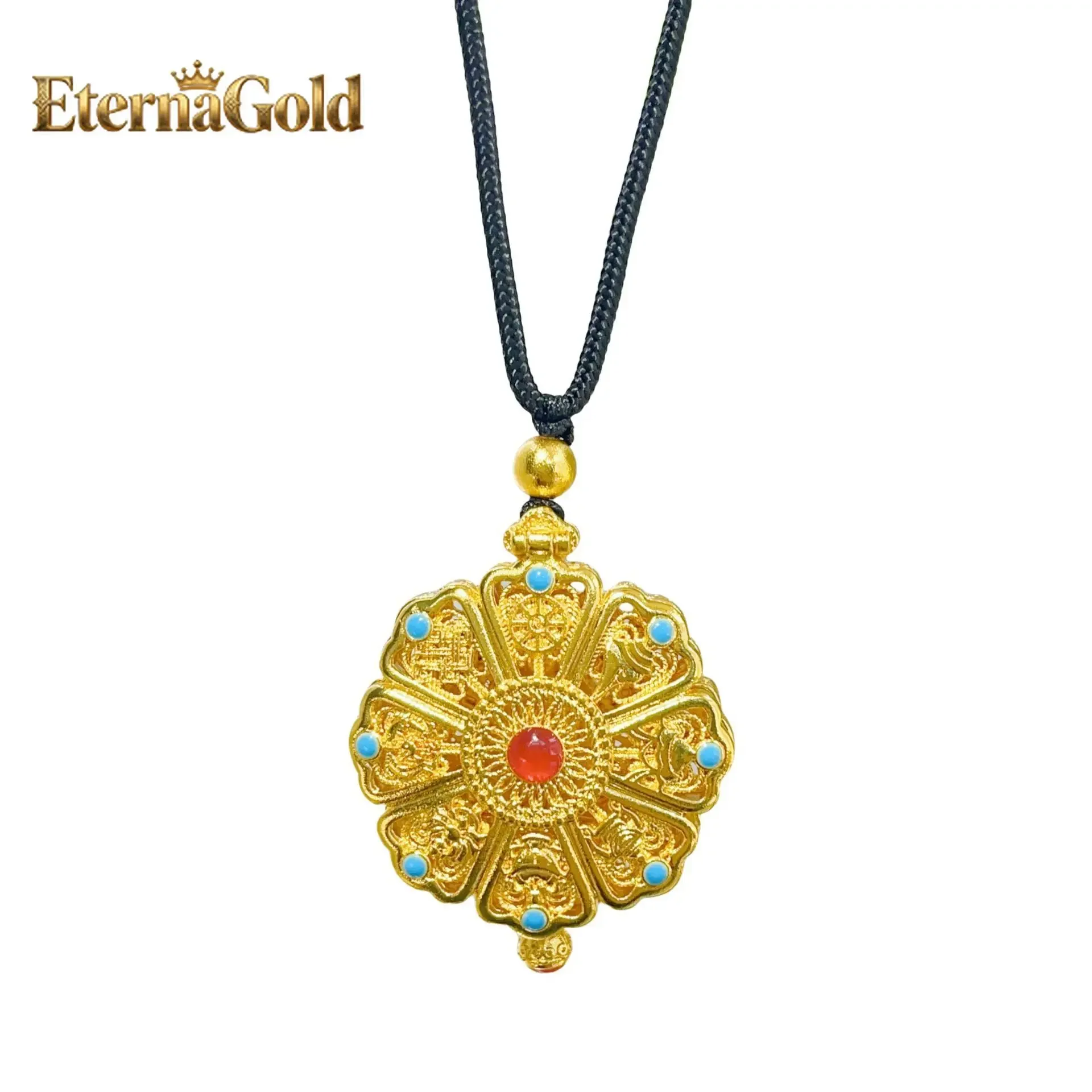 

EternaGold Золотой магазин: Подвеска-кулон из настоящего золота 9999 пробы (24K) с полым филигранным узором «Восемь сокровищ» и диском Будды Шакьямуни, в подарочной коробке.