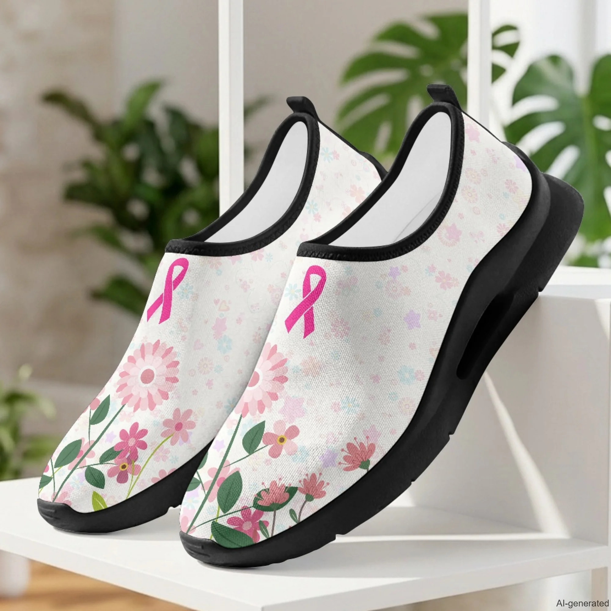 XIXIRIMIDO Medical Shoes for Women Nurse Casual Shoes Slip On Walking Shoes Pink Ribbon Breast Cancer Shoes Men Mesh Sneakers