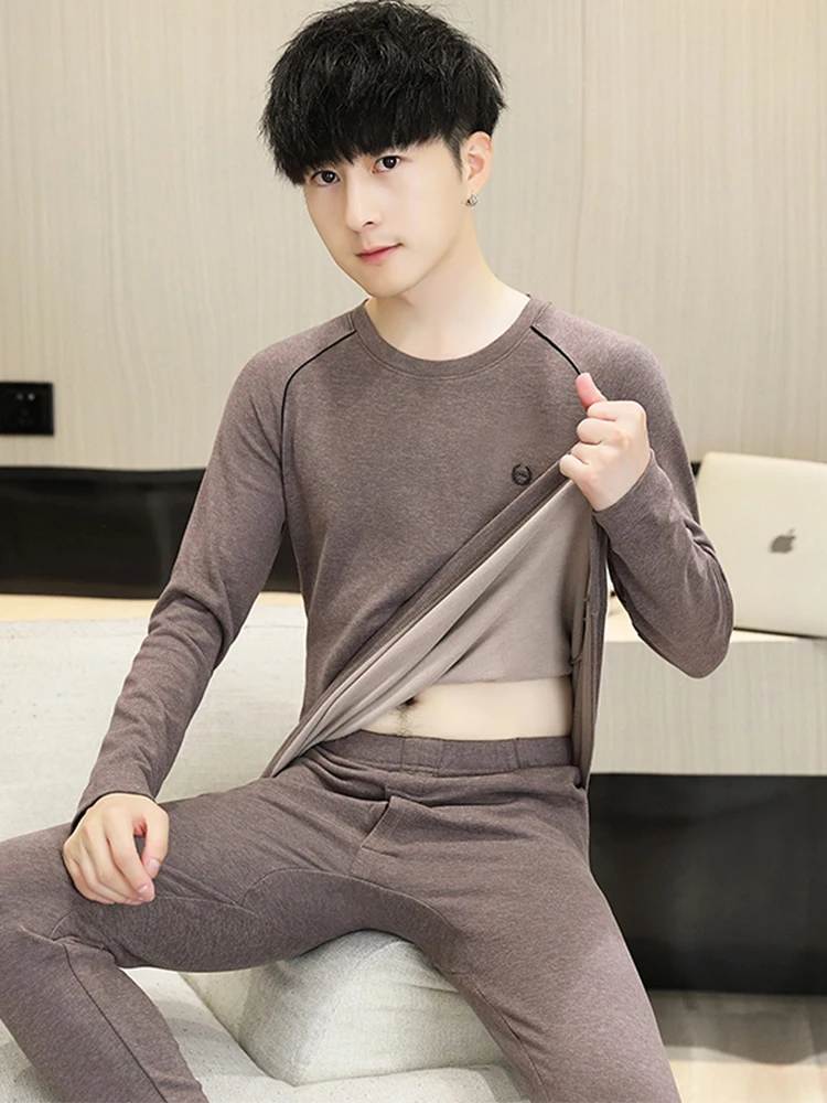 

Теплый комплект нижнего белья для мужчин и подростков из вельвета, с длинными рукавами, круглым вырезом, свободного кроя, из смеси полиэстера и спандекса.