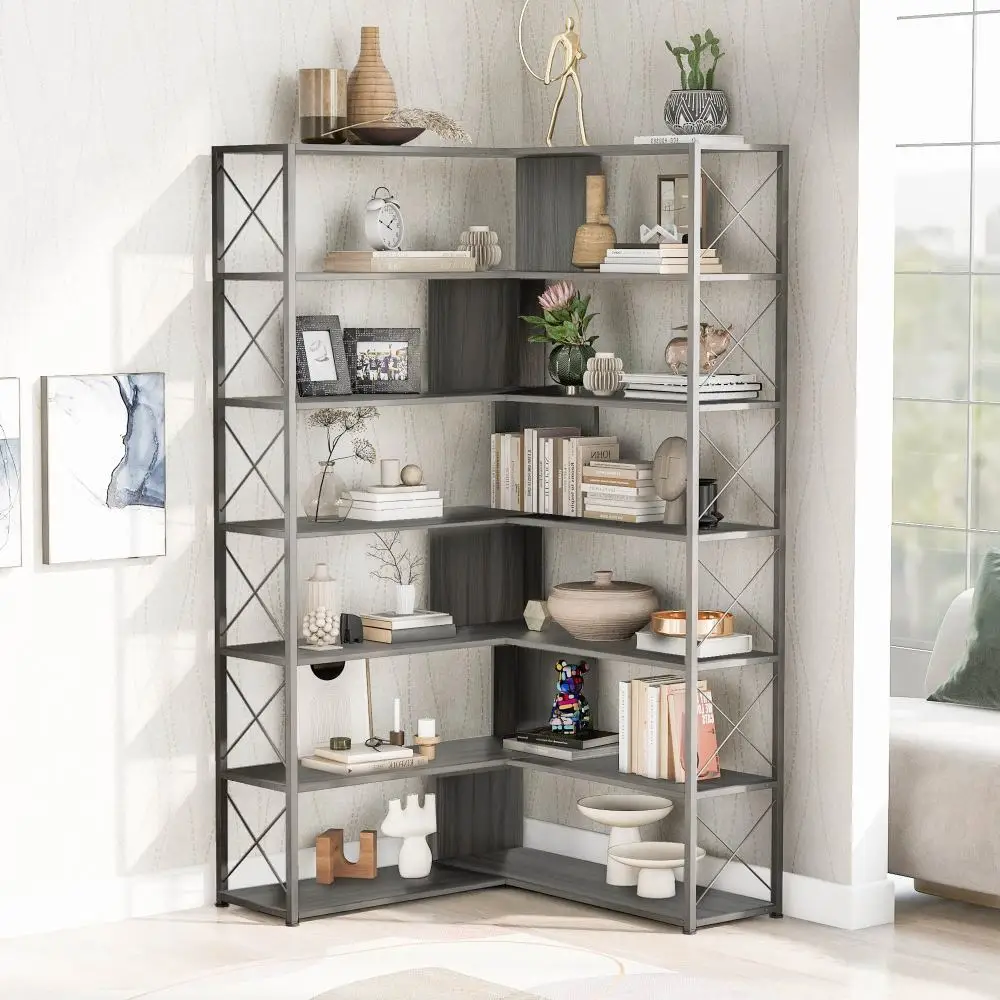 7 Tier Bookcase Home Office Bookshelf L Shape Home Corner Bookshelf Storage Rack Metal Frame Industrial Style Open Storage Rack